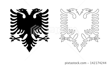 Double headed eagle silhouette from Flag of Albania black icon, sticker set. Albanian eagle with two heads outline badge layout. Albanian flag coat of arms, sign, symbol sample collection. 142174244