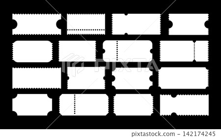 Layout of Admit one ticket. Empty template. Ticket pattern for cinema, circus, theater, festival, casino, club. Boarding blank, lottery, sale coupon. Set of Blank background. Layout of Admit one ticket. Empty template. Ticket pattern for cinema, circus, theater, festival, casino, club. Boarding blank, lottery, sale coupon. Set of Blank background. 142174245
