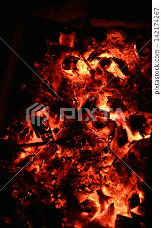 Fire embers particles over black background. Fire sparks background. Abstract dark glitter fire particles Fire embers particles over black background. Fire sparks background. Abstract dark glitter fire particles 142174267