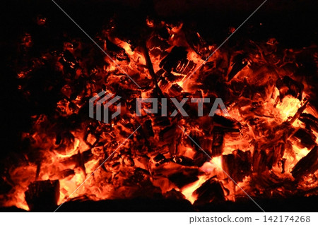 Fire embers particles over black background. Fire sparks background. Abstract dark glitter fire particles 142174268