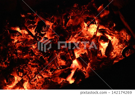 Fire embers particles over black background. Fire sparks background. Abstract dark glitter fire particles Fire embers particles over black background. Fire sparks background. Abstract dark glitter fire particles 142174269