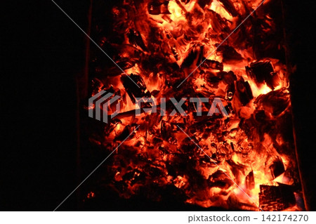 Fire embers particles over black background. Fire sparks background. Abstract dark glitter fire particles Fire embers particles over black background. Fire sparks background. Abstract dark glitter fire particles 142174270