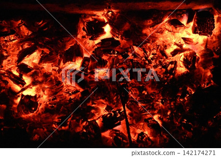 Fire embers particles over black background. Fire sparks background. Abstract dark glitter fire particles Fire embers particles over black background. Fire sparks background. Abstract dark glitter fire particles 142174271