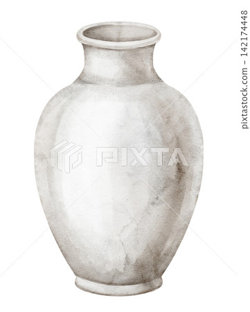 Roman vase watercolor illustration of a simple ancient ceramic pottery vessel isolated on background. Antique Mediterranean clipart with jar for classical, Greek, historical and Roman designs. Roman vase watercolor illustration of a simple ancient ceramic pottery vessel isolated on background. Antique Mediterranean clipart with jar for classical, Greek, historical and Roman designs. 142174448