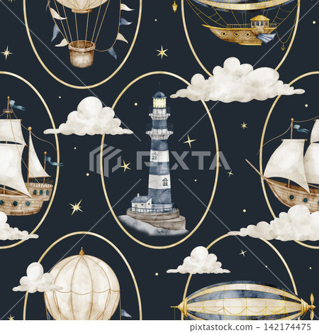 Airship seamless watercolor pattern with lighthouse, ships and balloons on dark blue background. Celestial repeat with blimp, sailboat and stars for fabric, wallpaper, nursery textiles and wrappings. Airship seamless watercolor pattern with lighthouse, ships and balloons on dark blue background. Celestial repeat with blimp, sailboat and stars for fabric, wallpaper, nursery textiles and wrappings. 142174475