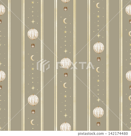 Hot air balloon seamless watercolor pattern on beige background. Striped repeat with aircraft and crescent moon for fabric, nursery wallpaper and wrapping paper. Baby backdrop with aerostats. Hot air balloon seamless watercolor pattern on beige background. Striped repeat with aircraft and crescent moon for fabric, nursery wallpaper and wrapping paper. Baby backdrop with aerostats. 142174480