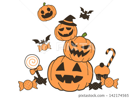Illustration of stacked pumpkins and sweets Illustration of stacked pumpkins and sweets 142174565