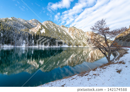 Winter Mountain Lake with Snowy Forest and Reflections Winter Mountain Lake with Snowy Forest and Reflections 142174588