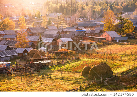 Autumn Rural Village Landscape at Golden Sunrise Autumn Rural Village Landscape at Golden Sunrise 142174590