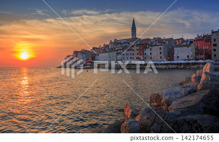 Rovinj Croatia Coastal Old Town at Sunset Over Adriatic Sea Rovinj Croatia Coastal Old Town at Sunset Over Adriatic Sea 142174655
