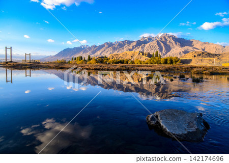 Mountain Lake Reflection Panorama with Blue Sky and Bridge Mountain Lake Reflection Panorama with Blue Sky and Bridge 142174696