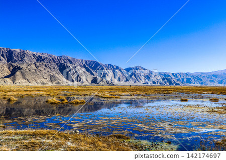 Mountain Wetland Landscape Under Clear Blue Sky Mountain Wetland Landscape Under Clear Blue Sky 142174697
