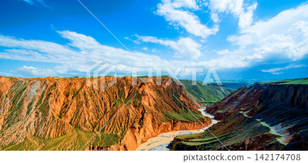Colorful Canyon Landscape with River and Blue Sky Panorama 142174708