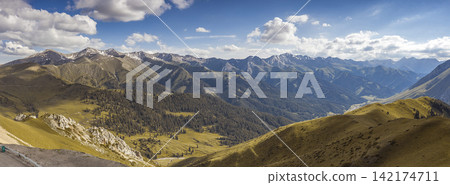 Panoramic Mountain Landscape with Alpine Valley and Cloudy Sky Panoramic Mountain Landscape with Alpine Valley and Cloudy Sky 142174711