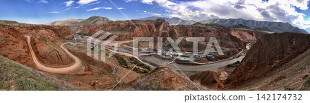 Panoramic Canyon Mountain Landscape with River and Winding Road Panoramic Canyon Mountain Landscape with River and Winding Road 142174732