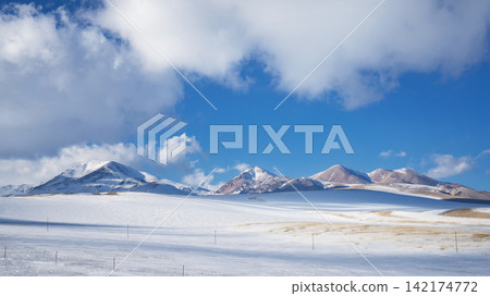 Snowy Mountain Landscape Under Blue Sky and Clouds Snowy Mountain Landscape Under Blue Sky and Clouds 142174772