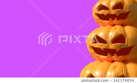 Stacked Spooky Jack O Lantern Pumpkins on Vibrant Pink Background 3d render. Stacked Spooky Jack O Lantern Pumpkins on Vibrant Pink Background 3d render. 142174854