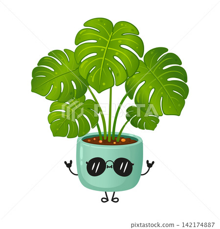 Cool monstera houseplant character wearing black sunglasses 142174887
