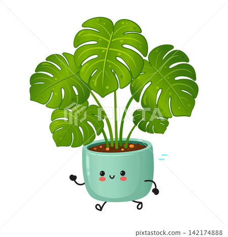 Running monstera houseplant character in playful motion Running monstera houseplant character in playful motion 142174888