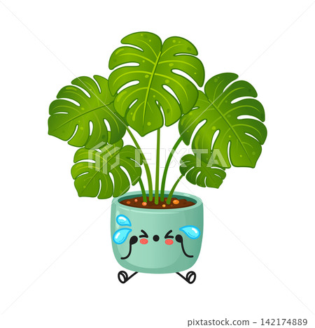 Crying monstera houseplant character with blue tears 142174889