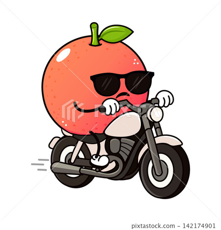 Cool grapefruit character riding motorcycle with sunglasses Cool grapefruit character riding motorcycle with sunglasses 142174901