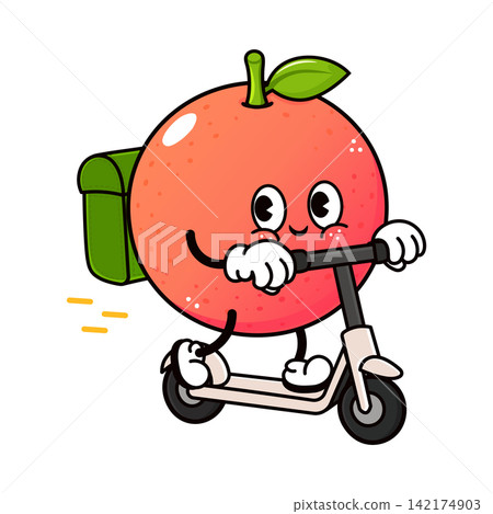 Grapefruit character riding kick scooter with backpack Grapefruit character riding kick scooter with backpack 142174903