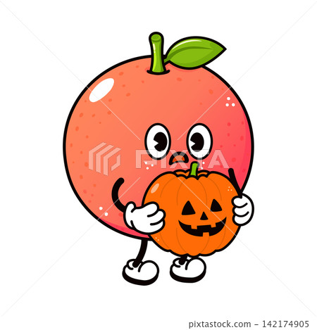 Grapefruit character holding carved Halloween pumpkin Grapefruit character holding carved Halloween pumpkin 142174905