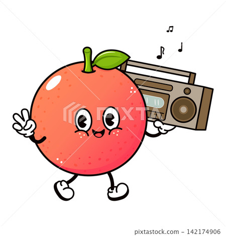 Grapefruit character carrying retro boombox with music notes Grapefruit character carrying retro boombox with music notes 142174906