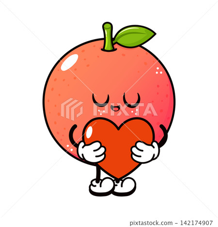 Cute grapefruit character hugging large red heart Cute grapefruit character hugging large red heart 142174907
