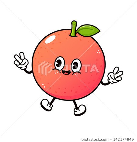 Jumping grapefruit character showing peace signs Jumping grapefruit character showing peace signs 142174949
