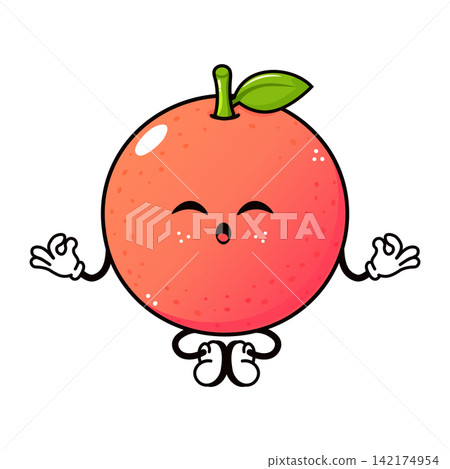 Meditating grapefruit character sitting in yoga pose Meditating grapefruit character sitting in yoga pose 142174954