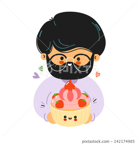 Bearded man holding a smiling cupcake character Bearded man holding a smiling cupcake character 142174985