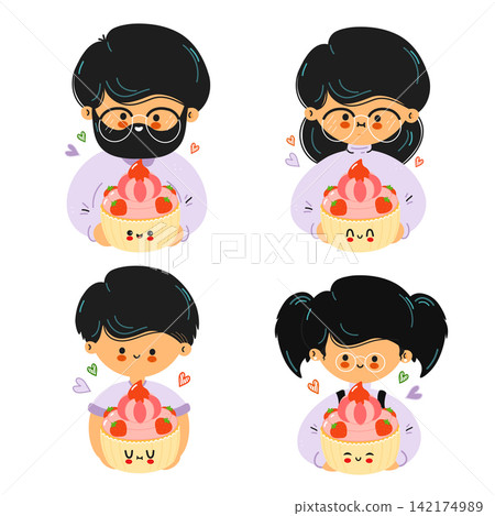 Set of cute people holding smiling cupcake characters Set of cute people holding smiling cupcake characters 142174989