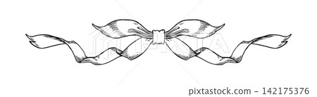 Hand drawn vintage bow and ribbon composition isolated on white. Elegant black ink ornament with flowing tails for dividers, invitations, headers, wedding stationery, labels, branding and packaging Hand drawn vintage bow and ribbon composition isolated on white. Elegant black ink ornament with flowing tails for dividers, invitations, headers, wedding stationery, labels, branding and packaging 142175376