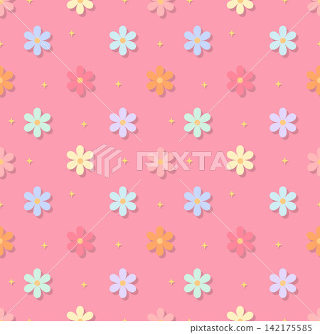Colorful pastel floral seamless pattern on pink background with stars Colorful pastel floral seamless pattern on pink background with stars 142175585