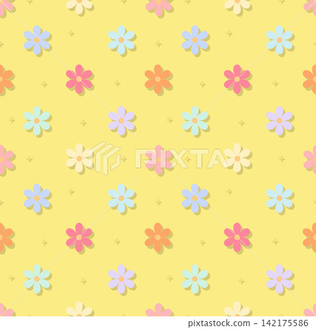 Colorful pastel floral seamless pattern on yellow background with stars Colorful pastel floral seamless pattern on yellow background with stars 142175586