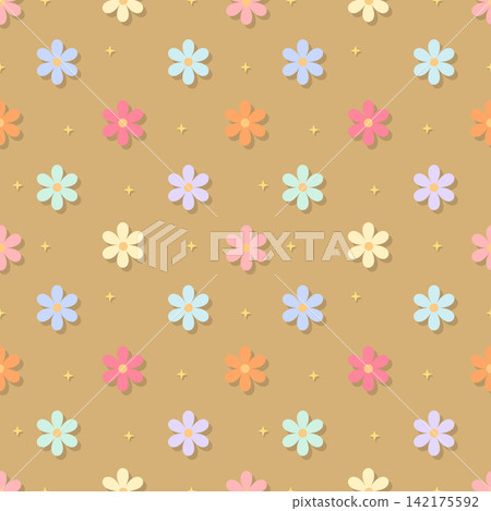 Colorful pastel floral seamless pattern on warm brown beige background Colorful pastel floral seamless pattern on warm brown beige background 142175592