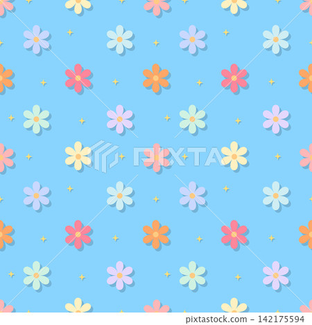 Colorful pastel floral seamless pattern on classic sky blue background 142175594