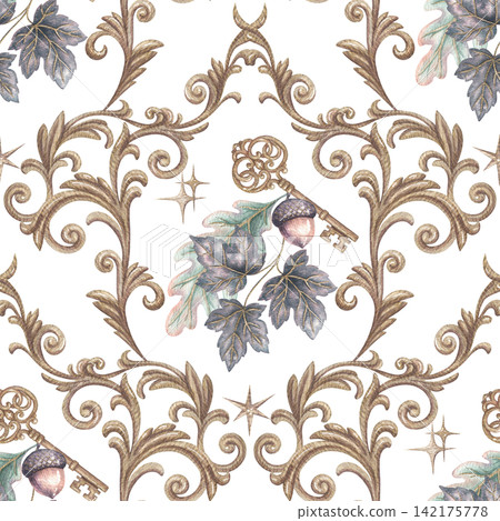Golden heraldic ornament with acorn and antique key seamless pattern. Hand drawn watercolor gold baroque ornate motif. Vintage graphic for decorative design. Medieval repeat for fabric or wallpaper. 142175778