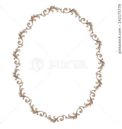 Gold vintage filigree ornament oval wreath. Hand drawn watercolor golden baroque scroll with flourish and motif. Antique graphic for wedding invitation. Luxury decorative frame with copy space. Gold vintage filigree ornament oval wreath. Hand drawn watercolor golden baroque scroll with flourish and motif. Antique graphic for wedding invitation. Luxury decorative frame with copy space. 142175779