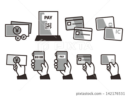 A set of monochrome illustrations on payment methods and cashless payment. A set of monochrome illustrations on payment methods and cashless payment. 142176531