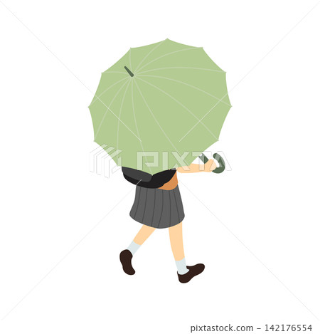 Isometric illustration: A high school girl walking with an umbrella (back view) Isometric illustration: A high school girl walking with an umbrella (back view) 142176554