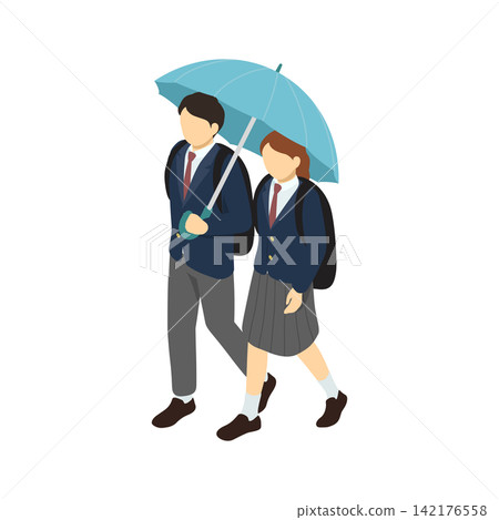 Isometric illustration: A high school couple walking with an umbrella. Isometric illustration: A high school couple walking with an umbrella. 142176558