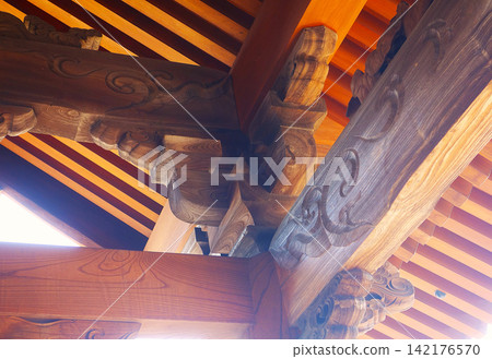 The essence of Japanese architecture on the underside of the temple roof The essence of Japanese architecture on the underside of the temple roof 142176570