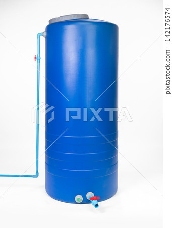 Blue Cylindrical PE Plastic Water Storage Tank with PVC Inlet Pipe, Isolated on White Blue Cylindrical PE Plastic Water Storage Tank with PVC Inlet Pipe, Isolated on White 142176574