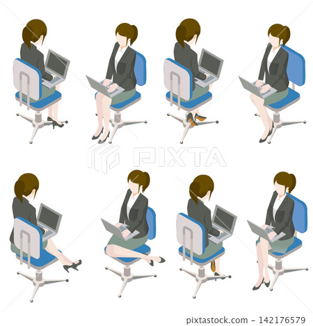 A woman sitting and using a computer (with a chair). 142176579