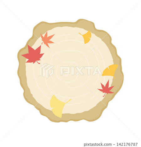 A cross-section frame of a tree stump topped with maple and ginkgo leaves. A cross-section frame of a tree stump topped with maple and ginkgo leaves. 142176787