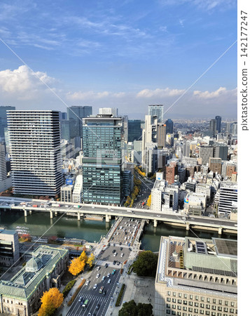 從上方俯瞰日本銀行大阪支行和禦堂筋街 142177247