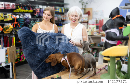 Girl and woman choosing blanket for two dogs in pet store Girl and woman choosing blanket for two dogs in pet store 142177271