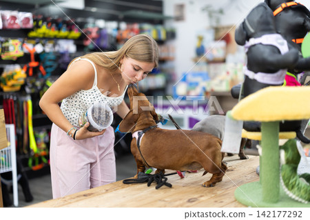 Teen girl chooses dog food for dachshund in pet store. Teen girl chooses dog food for dachshund in pet store. 142177292